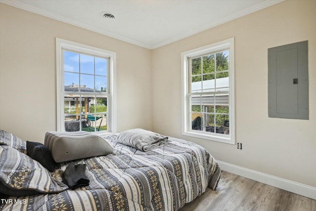 bedroom with crown molding, electric panel, multiple windows, and light wood-type flooring