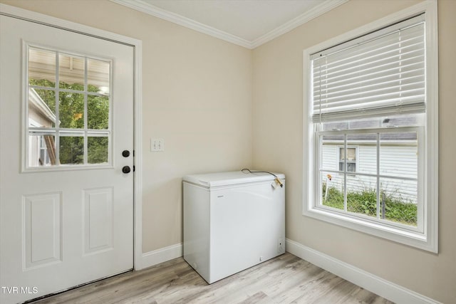 laundry area featuring crown molding and light hardwood / wood-style floors