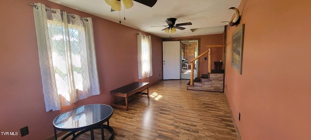 foyer with hardwood / wood-style flooring, ceiling fan, and a healthy amount of sunlight