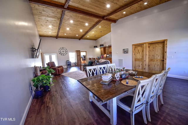 dining area featuring beamed ceiling, dark hardwood / wood-style flooring, high vaulted ceiling, and wooden ceiling