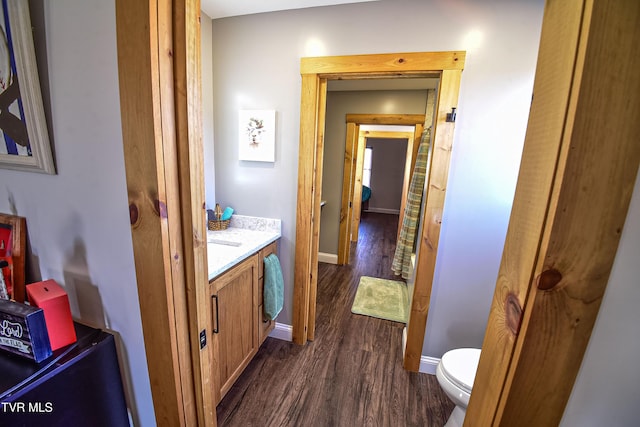 bathroom featuring vanity, wood-type flooring, and toilet