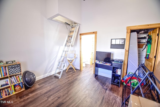 interior space featuring a towering ceiling and dark hardwood / wood-style floors