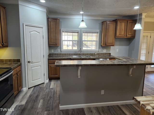 kitchen with stainless steel electric range oven, sink, a breakfast bar area, and dark hardwood / wood-style flooring