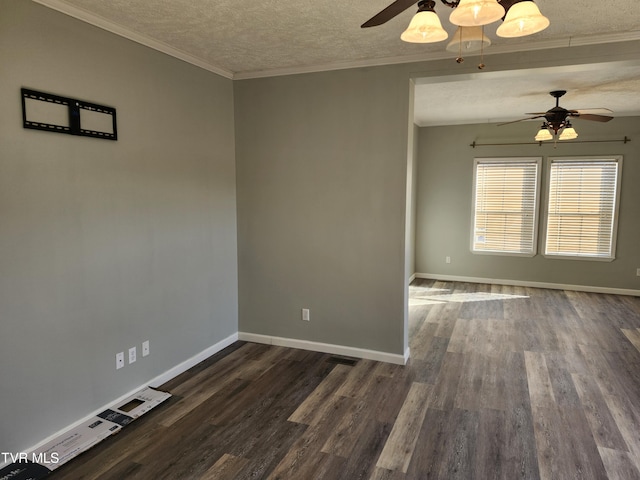 unfurnished room featuring ceiling fan, ornamental molding, dark hardwood / wood-style flooring, and a textured ceiling