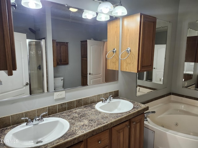 full bathroom with independent shower and bath, decorative backsplash, vanity, toilet, and crown molding