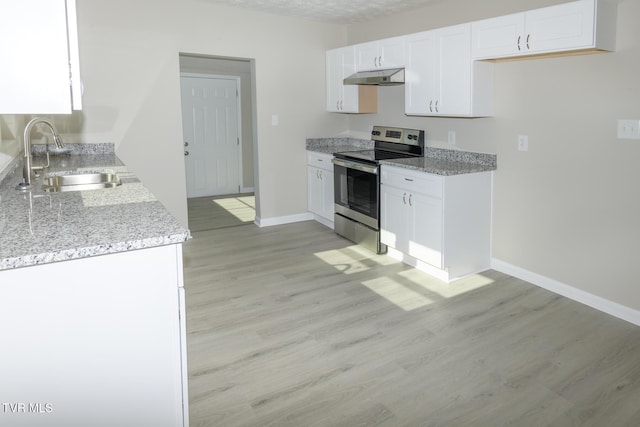 kitchen with white cabinetry, stainless steel electric stove, sink, and light wood-type flooring