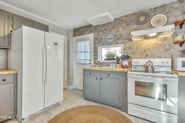 kitchen with gray cabinetry and white appliances