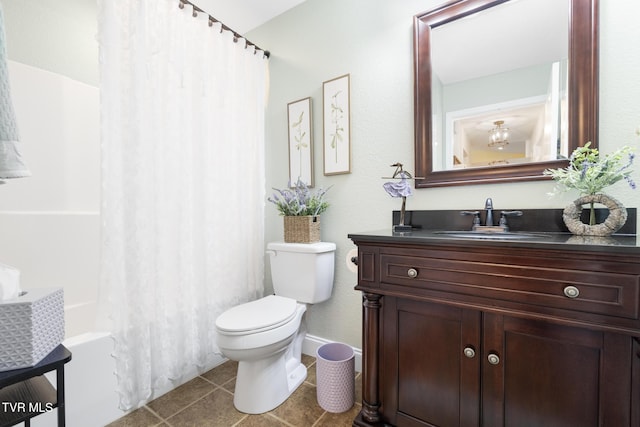 full bathroom with shower / tub combo with curtain, vanity, toilet, and tile patterned flooring