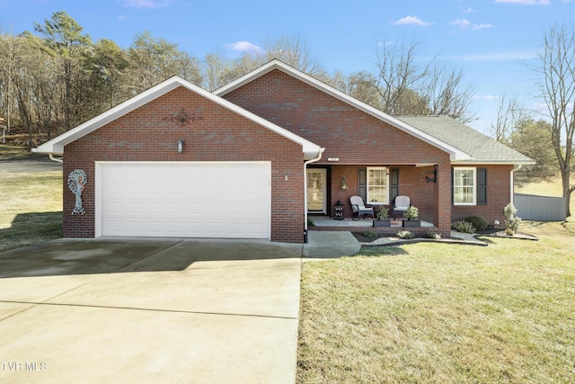 ranch-style house with a garage, a porch, and a front yard