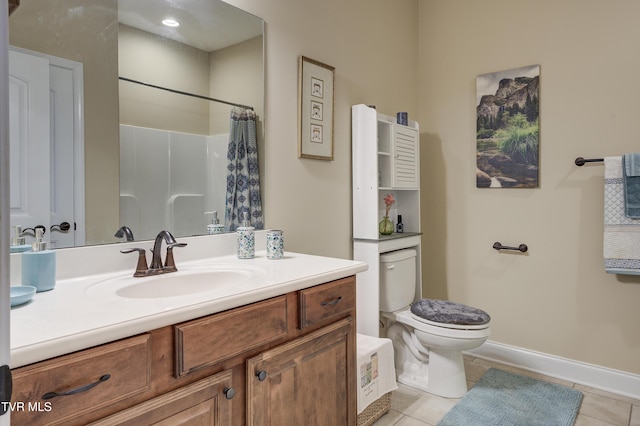 bathroom featuring tile patterned floors, vanity, toilet, and a shower with shower curtain