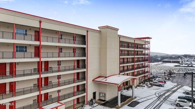 view of snow covered building