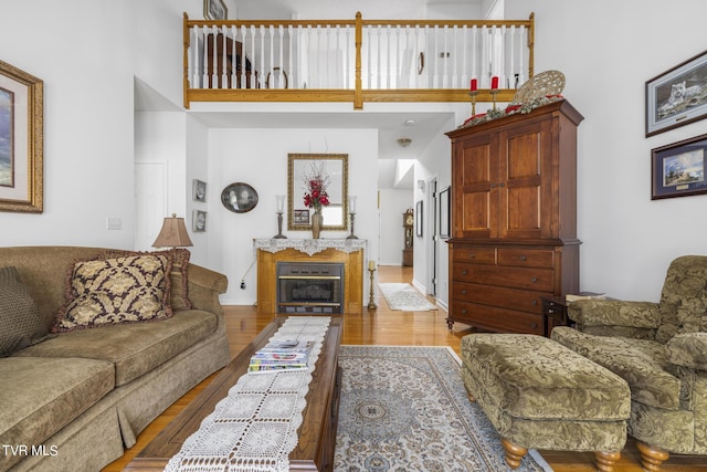 living room featuring light hardwood / wood-style floors and a high ceiling