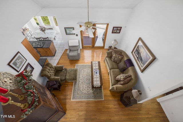 living room featuring ceiling fan, lofted ceiling, and wood-type flooring