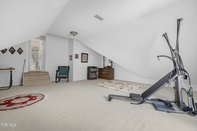 workout room with vaulted ceiling, carpet flooring, and a textured ceiling