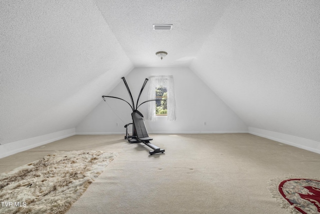 additional living space featuring lofted ceiling, carpet, and a textured ceiling