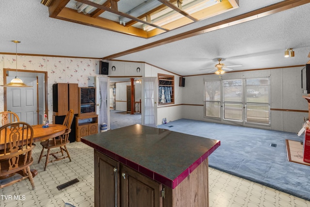 335 Clemon Rd, Whitesburg, TN 37891 - kitchen with ornamental molding, a textured ceiling, dark countertops, a ceiling fan, and light carpet