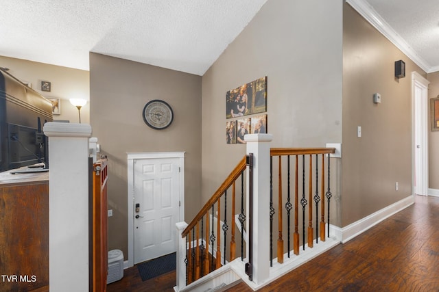 foyer entrance featuring lofted ceiling, dark hardwood / wood-style flooring, and a textured ceiling