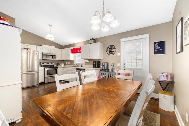 dining space featuring lofted ceiling, sink, an inviting chandelier, and dark hardwood / wood-style flooring