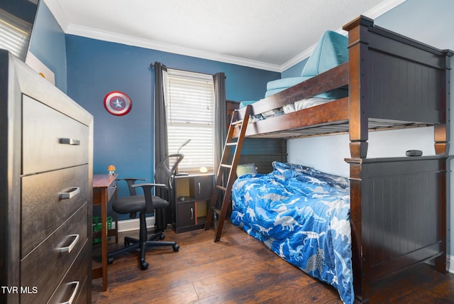 bedroom featuring dark wood-type flooring and ornamental molding