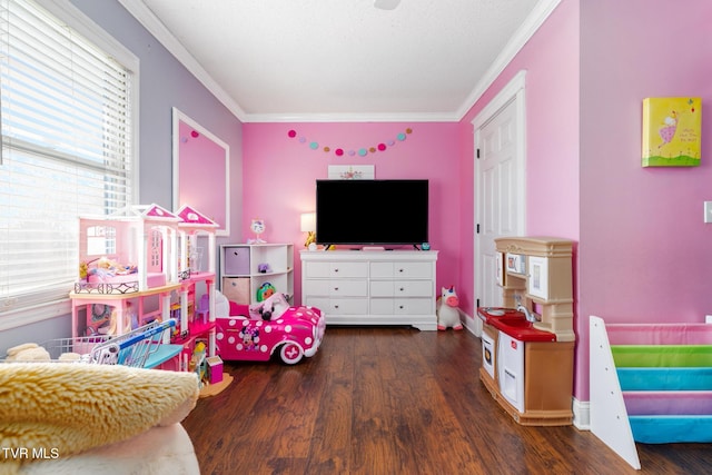 playroom with dark wood-type flooring and ornamental molding