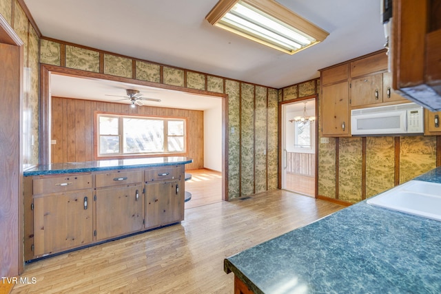 kitchen with a wealth of natural light, ceiling fan, and light wood-type flooring