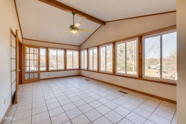 unfurnished sunroom with ceiling fan and lofted ceiling with beams