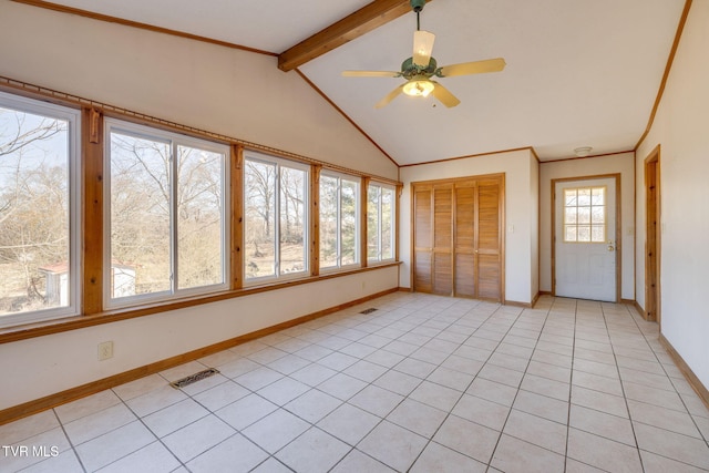 unfurnished sunroom featuring lofted ceiling with beams and ceiling fan