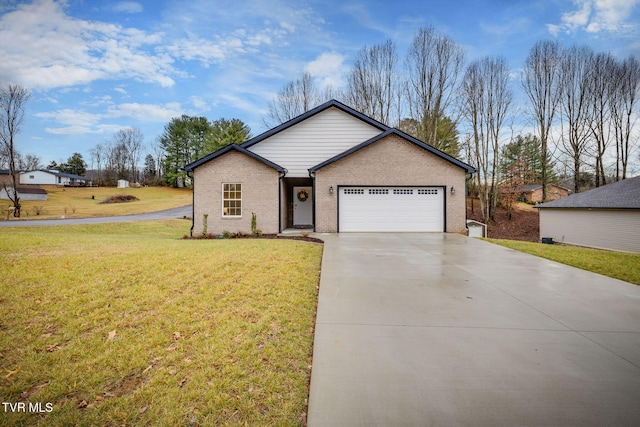 ranch-style house with a garage and a front yard