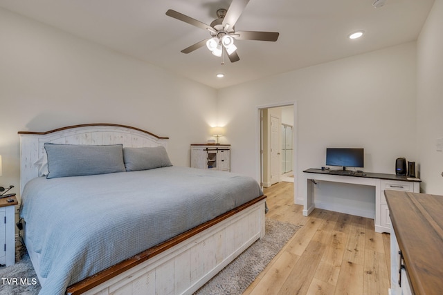 bedroom featuring light hardwood / wood-style flooring and ceiling fan