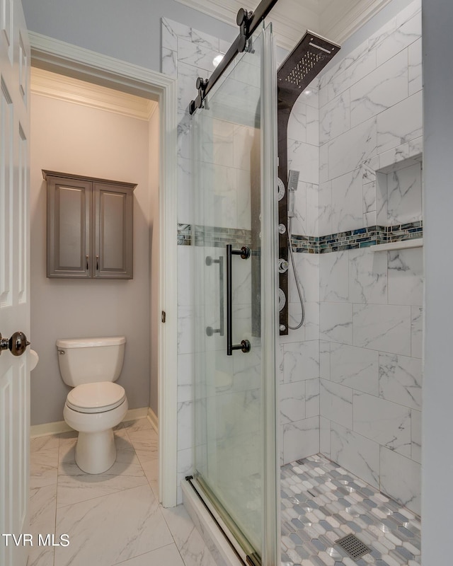 bathroom featuring walk in shower, ornamental molding, and toilet