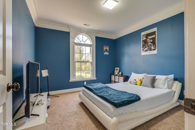 carpeted bedroom featuring ornamental molding