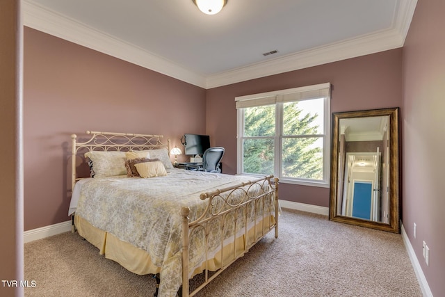 bedroom with ornamental molding and light colored carpet