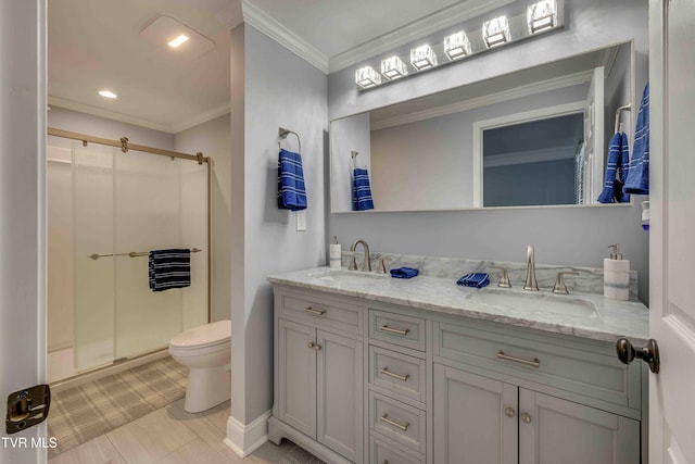 bathroom featuring crown molding, toilet, vanity, and walk in shower