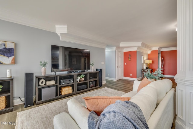 living room featuring crown molding and dark wood-type flooring