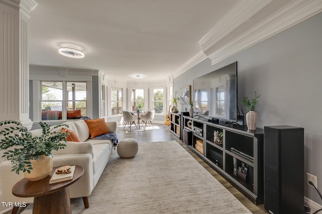 living room featuring crown molding and hardwood / wood-style floors