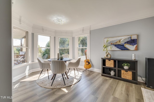 dining space featuring crown molding and light hardwood / wood-style floors