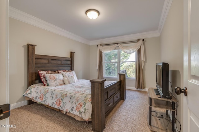 bedroom featuring ornamental molding and light colored carpet