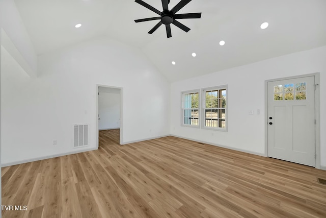 unfurnished living room featuring high vaulted ceiling, ceiling fan, and light wood-type flooring