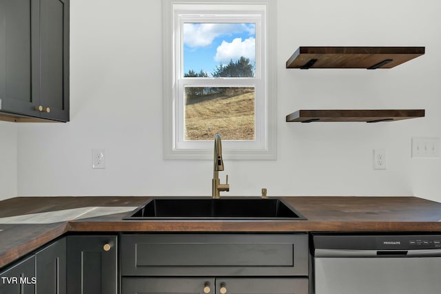 kitchen with gray cabinets, sink, stainless steel dishwasher, and wood counters