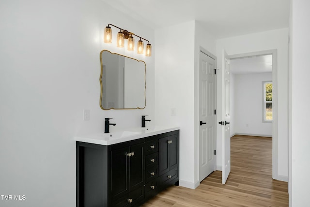 bathroom with hardwood / wood-style flooring and vanity