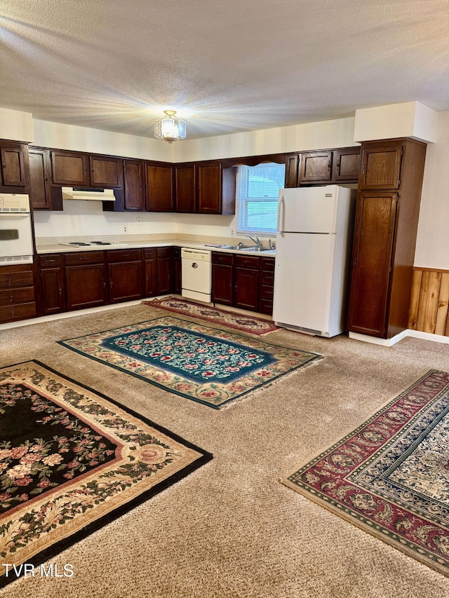 kitchen with dark brown cabinetry, sink, a textured ceiling, and white appliances