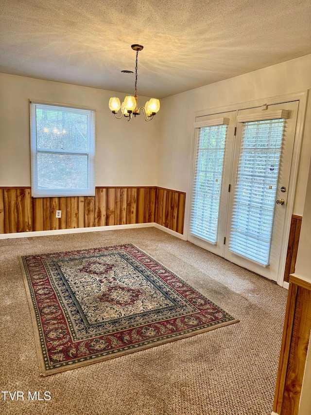 interior space with plenty of natural light, a textured ceiling, and wood walls