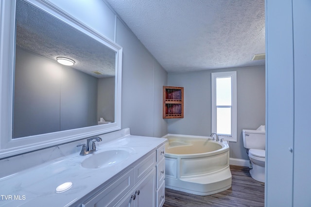 252 Scott Ln, Blountville, TN 37617 - bathroom featuring a bath, a textured ceiling, toilet, wood finished floors, and vanity
