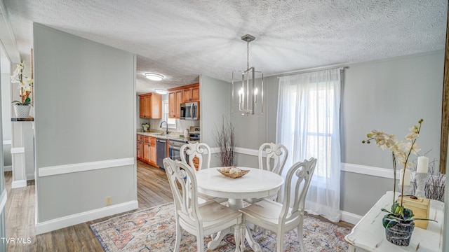 252 Scott Ln, Blountville, TN 37617 - dining room with baseboards, a textured ceiling, an inviting chandelier, and light wood finished floors