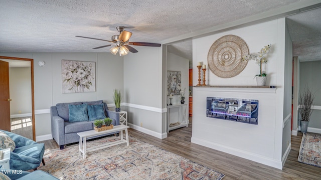 252 Scott Ln, Blountville, TN 37617 - living room featuring a textured ceiling, baseboards, wood finished floors, a ceiling fan, and a glass covered fireplace