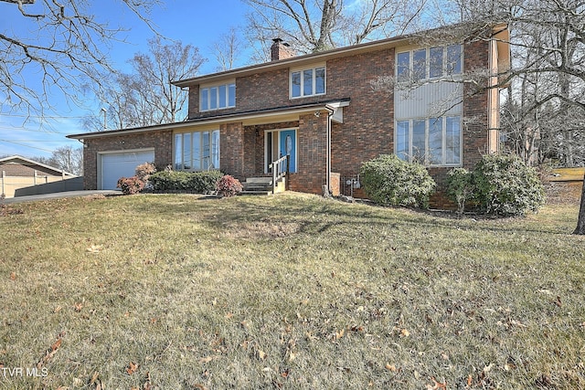 front facade with a garage and a front lawn