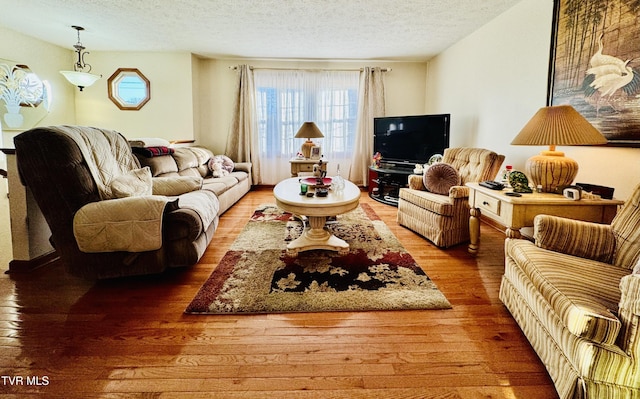 living room featuring hardwood / wood-style flooring and a textured ceiling