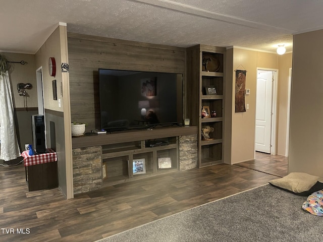 living room with a textured ceiling and dark hardwood / wood-style flooring