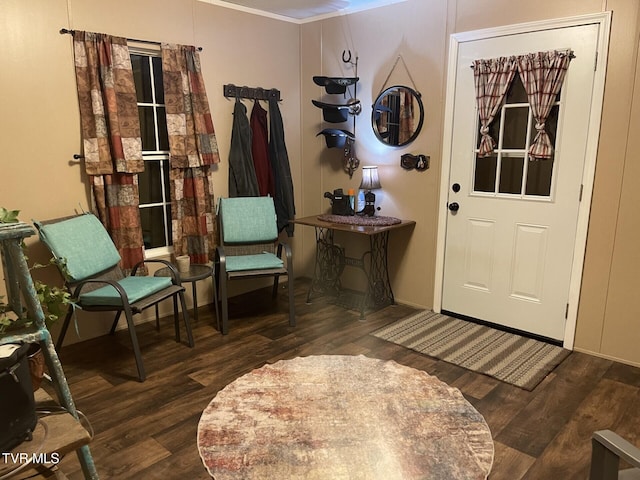 entryway featuring ornamental molding and dark hardwood / wood-style floors