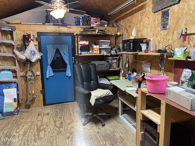 office featuring ceiling fan and vaulted ceiling